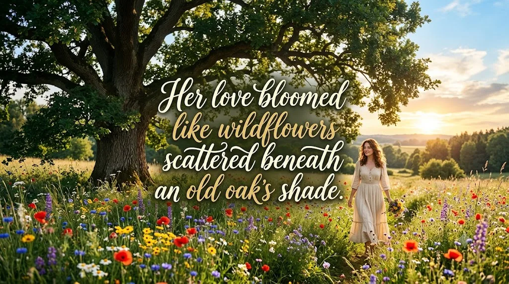  "Her love bloomed like wildflowers scattered beneath an old oak's shade."
